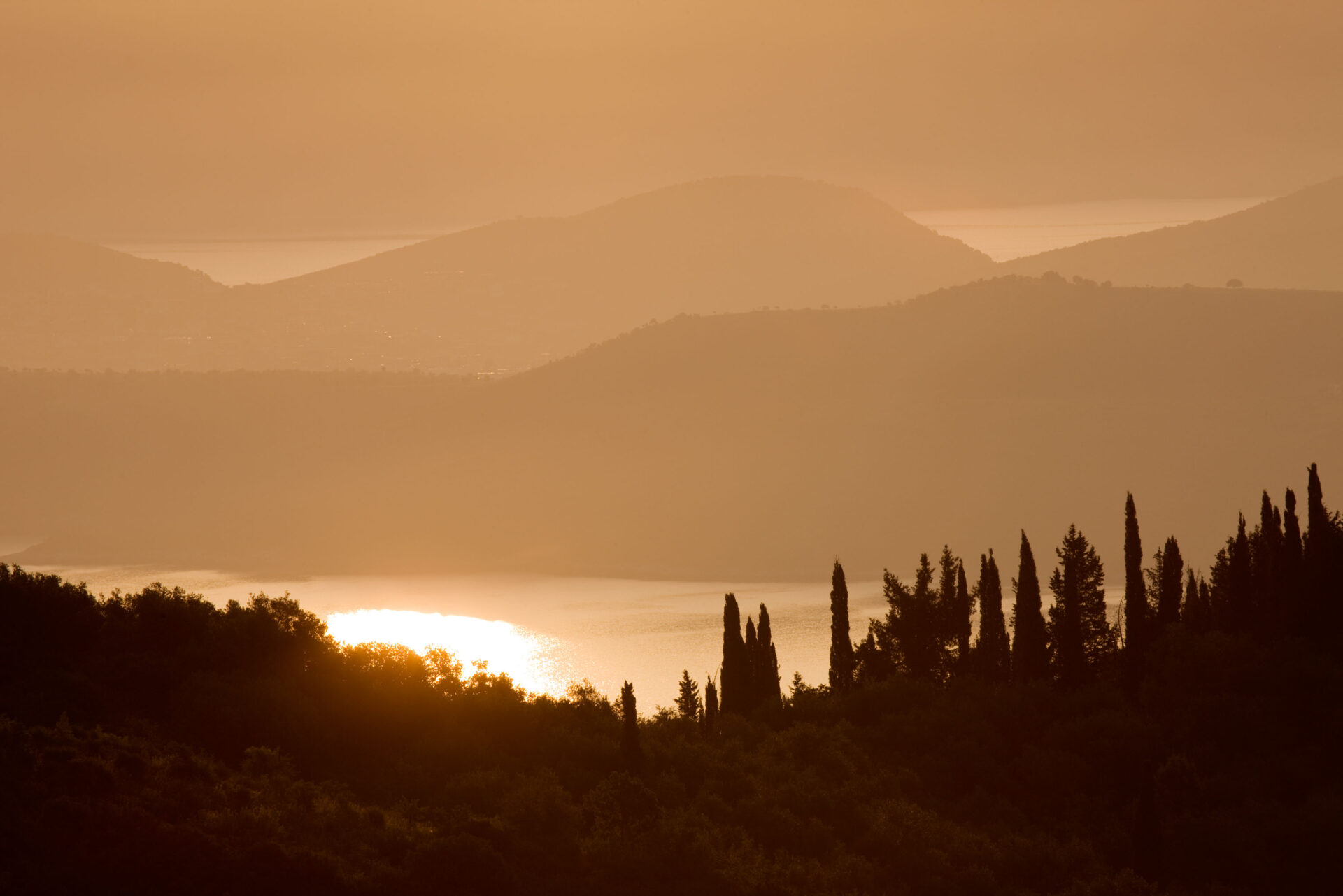 The Rou Estate Corfu. Dawn Light on Corfu Hills and Albanian Mountains Beyond